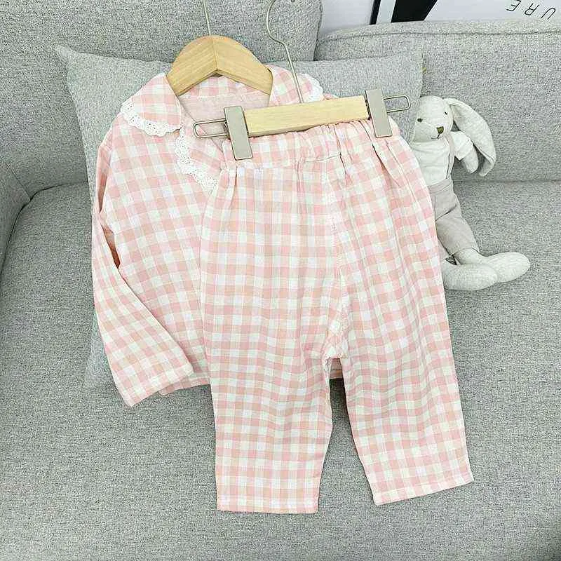 Bébé fille Plaid pyjamas vêtements ensemble coton manteau + pantalon 2 pièces printemps automne infantile enfant en bas âge enfant salon costume maison 1-10Y 211130