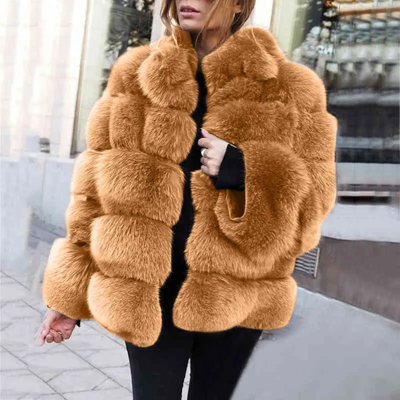 Faux Fur Jacket Women's thick Winter Coat Luxury Coats Plus Size ladies Stand Collar Long Sleeve warm fur 211220