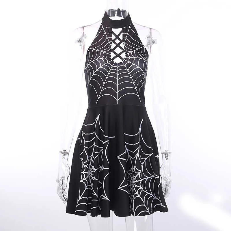 Czarny Slim Halloween Wysoka talia Sexy Halter Lace-Up Mini Dress Off Ramię Dress Gothic Hollow Halter Dress Y1006