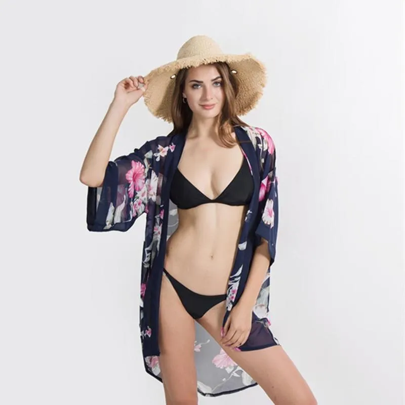 Mode folral tryckt cardigan bikini täcker chiffong sommarstrandklänning badkläder kvinnor kaftan tunika sjal baddräkt sarongs201b