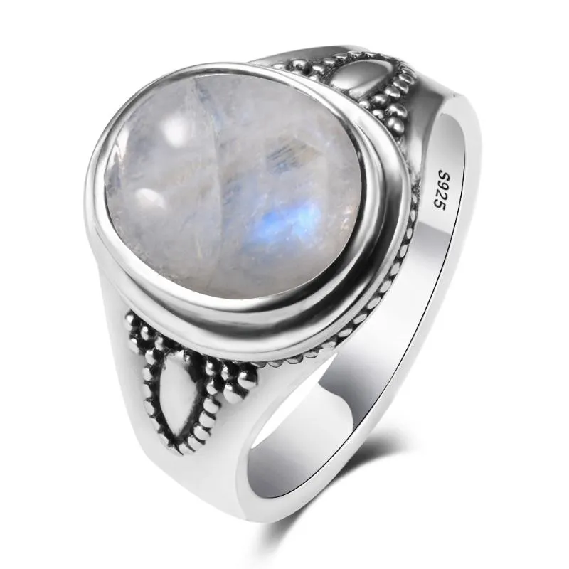 Pierścienie klastra najwyższej jakości est solidny 925 srebrny biżuteria 8x10 mm naturalny tęczowy kamień księżyca luksusowy rozmiar 6-10240a