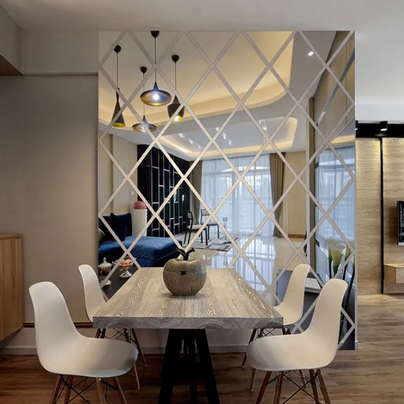 3D miroir autocollant mural bricolage diamants Triangles acrylique Stickers muraux salon décoration de la maison adesivo de parede