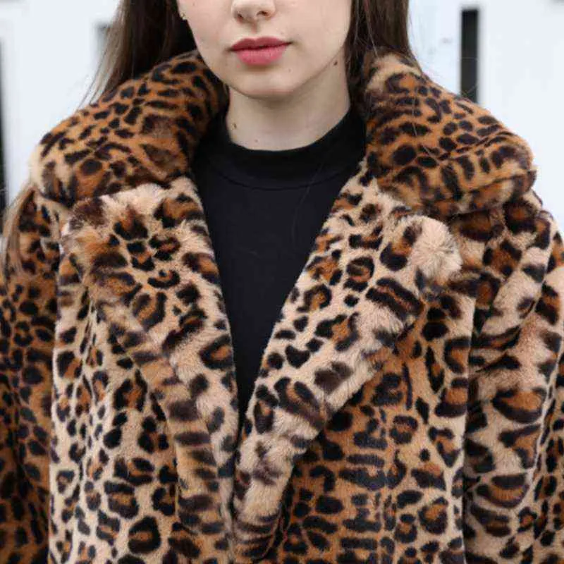 Moda abrigo de piel sintética mujeres invierno casual empalmado leopardo estampado chaqueta femenina gruesa cálida media larga felpa ropa exterior 211220