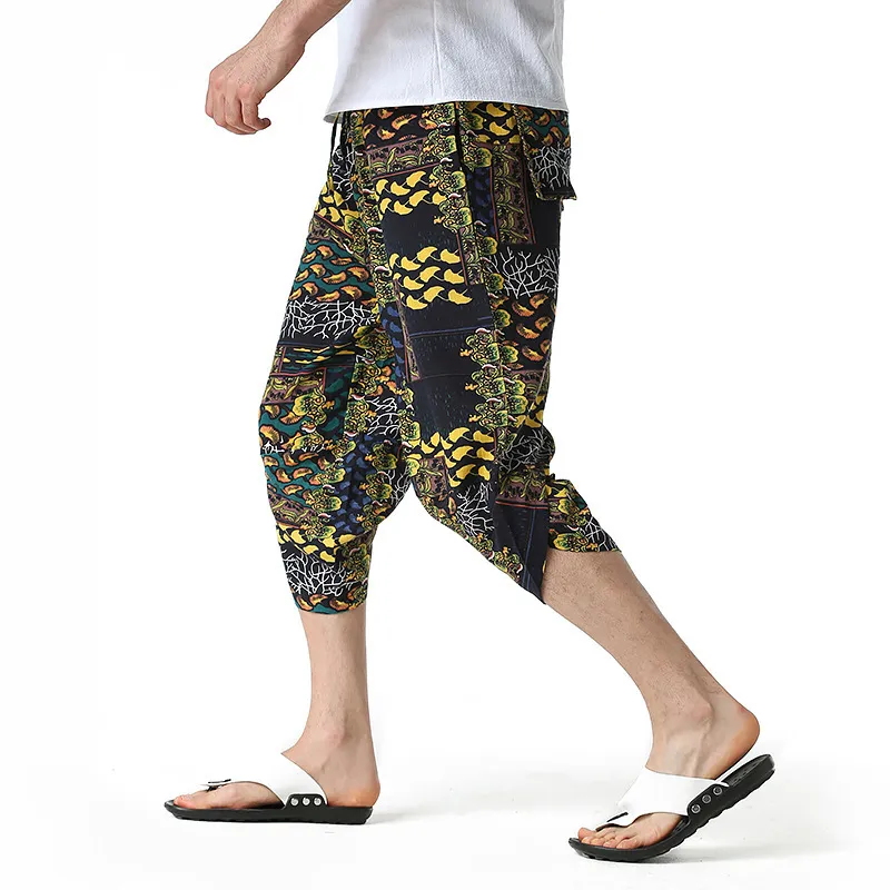 Mens Trousers Linen Calf-Length Print Pants Men Hawaiian Baggy Harem Pants Casual Breathable Harajuku Streetwear 210524