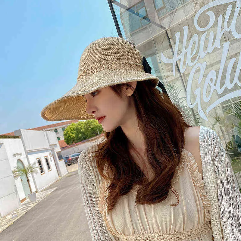 Mode Kvinnor Sommar Tomt Stor Big Brim Straw Hat Söt Bowknot Outdoor Beach Visor Sun Caps Solid Fällbara Kvinna Tjej Hattar G220301