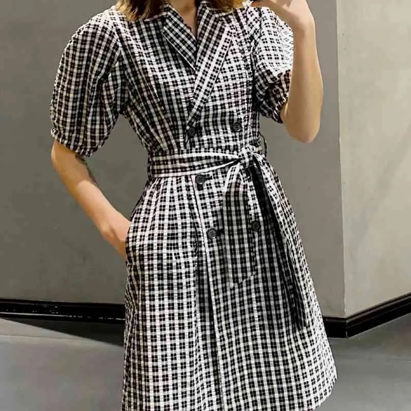 Japan Style Puff Sleeve Vintage Dress Temperament Lace Up Plaid Dresses Women Summer Purple Mini Vestidos Mujer 210514