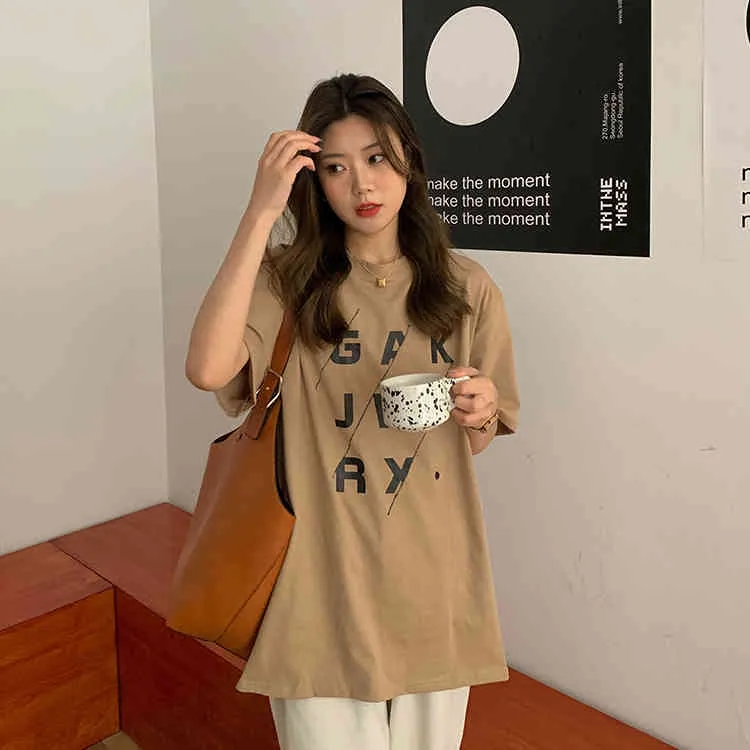 3彩夏の韓国風の特別レタープリント半袖Tシャツレディースルーズトップスティーシャツフェムメ（F4276）210423