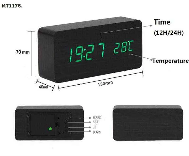 LED Réveil en bois Montre Table Thermomètre numérique Bois Despertador Bureau électronique USB / AAA Alimenté Horloges Table Décor 211112