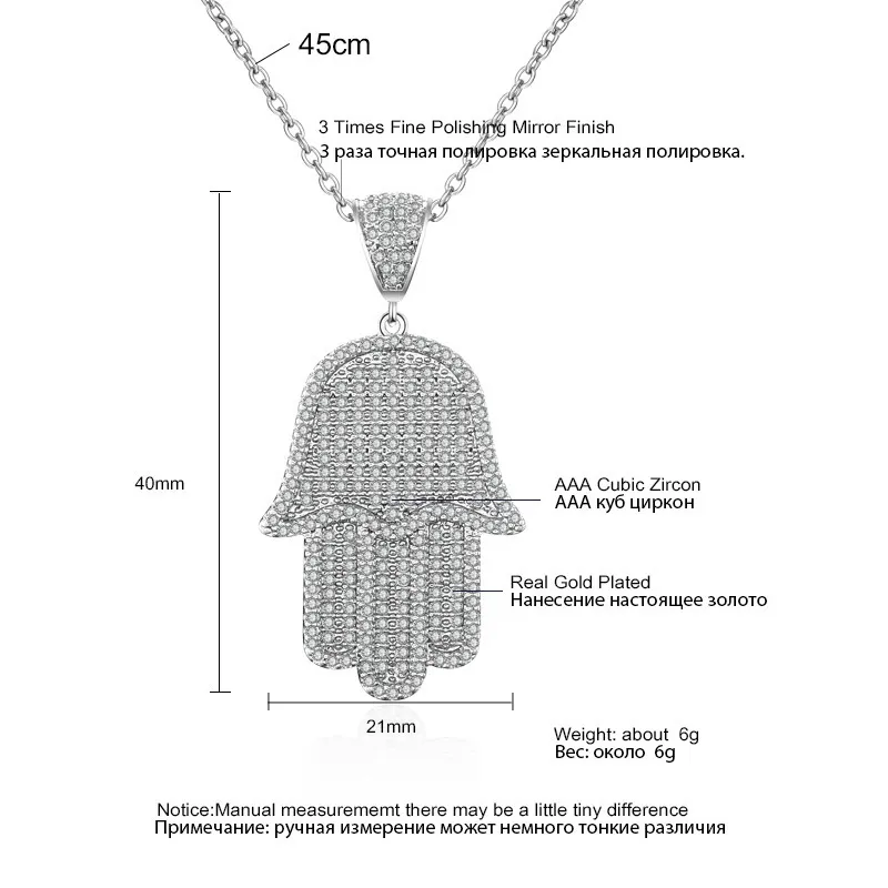 Full Rhinestone Zircon Hip Hop Bling Pendant Necklace Cross Link Chain 24 Inch Out Women Men Couple Ice Hamsa With Cz Jewelry2520