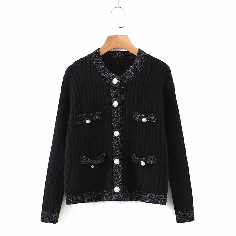 Elegant Women Pearl Button Sweater Fashion Ladies Pocket Knitted Cardigan Sweet Female Streetwear O-Neck Loose Blouse 210427