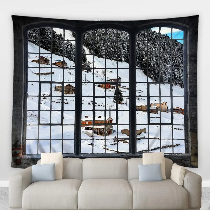 Wandteppiche Retro Vintage Fenster Tapisserie Weißer Schneeland Wald Baum Winterlandschaft Wohnzimmer Schlafzimmer Wandbild Nachttischdecken Wandbehang250O