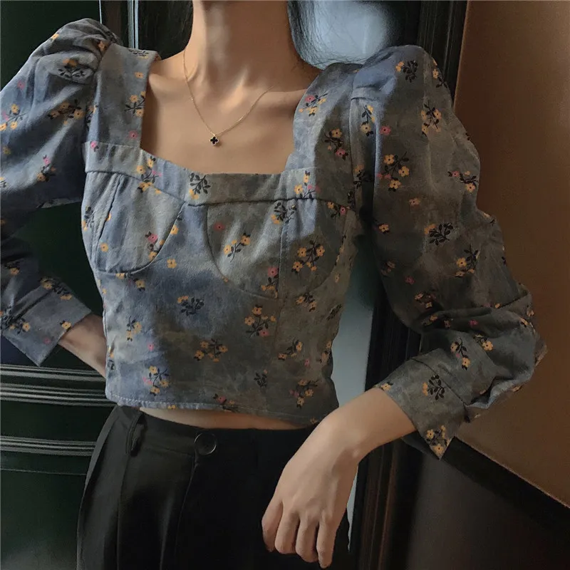 Vintage Elegancki Sexy Square Neck Puff Długi Rękaw Dżinsowy Bluzka Kobiety Krótki Moda Kwiatowy Druku Topy Blusas de Mujer Koszulki Slim 210429