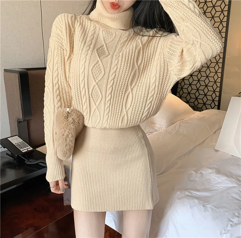 Inverno Outono Vintage Malha Mini Vestido Mulheres Manga Longa Turtleneck Túnica Túnica Ass-Covering Vestidos Coreano Robe Femme 210513