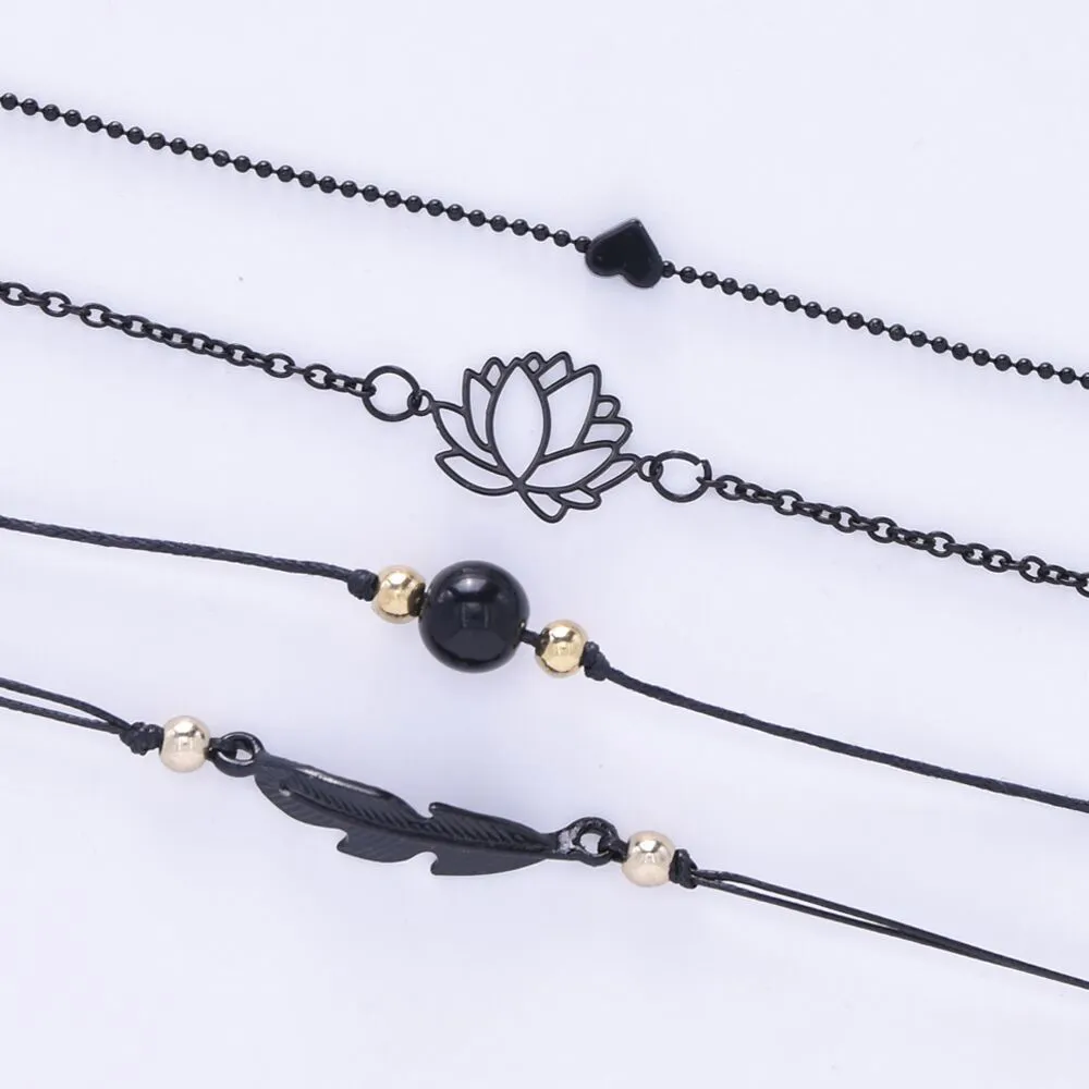 SUMENG 2021 nouvelle mode 4 pièces gothique noir plume Lotus Bracelets ensemble coeur charme Boho Bracelets pour femmes poignet chaîne Bracelets