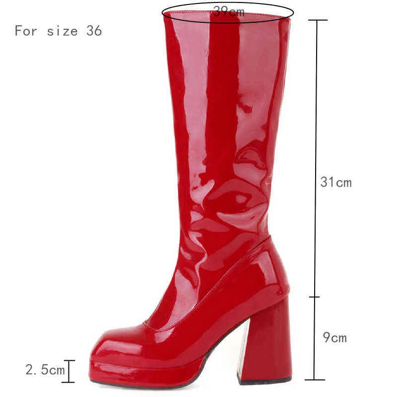 Plattform Damen Hohe Kniestiefel Herbst Winter Lackleder Frauen Wasserdichte Ferse Weiß Rot Party Fetisch Schuhe 211217