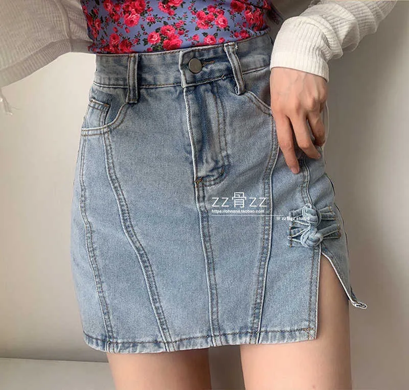 Hög midja sida Split Sexig Bow Tunn A-Line Denim Mini Skirt Kort Korea Kvinnor Kläder Kjolar Gothic Streetwear 7gmm 210603