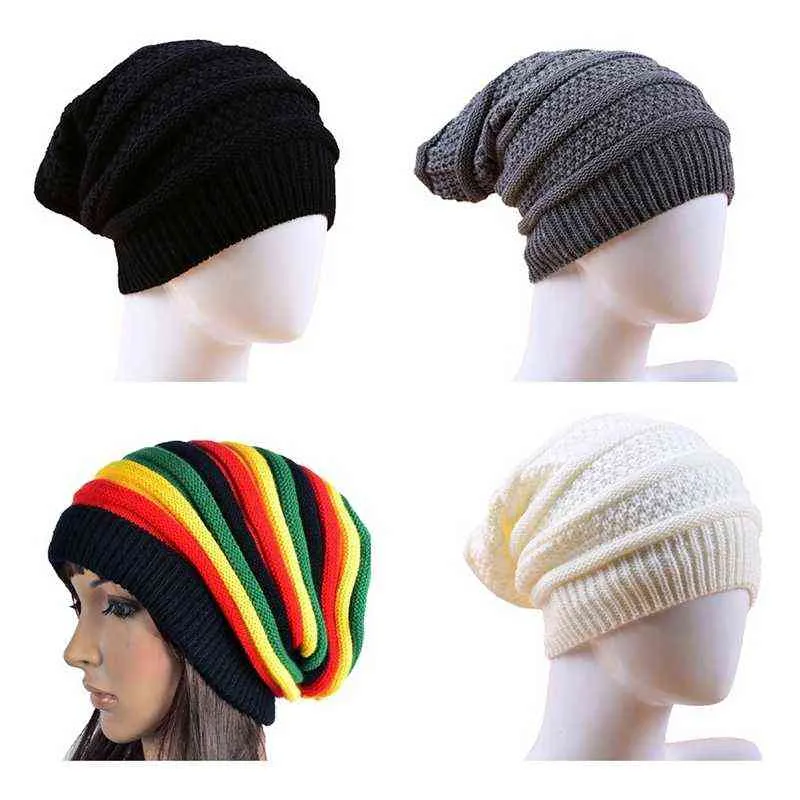 Winter Striped Men Women Jamaica Rasta Reggae Rainbow Wool Knitted Beanie Hats Casual Cheap Caps Bonnet Girl Boy Y21111