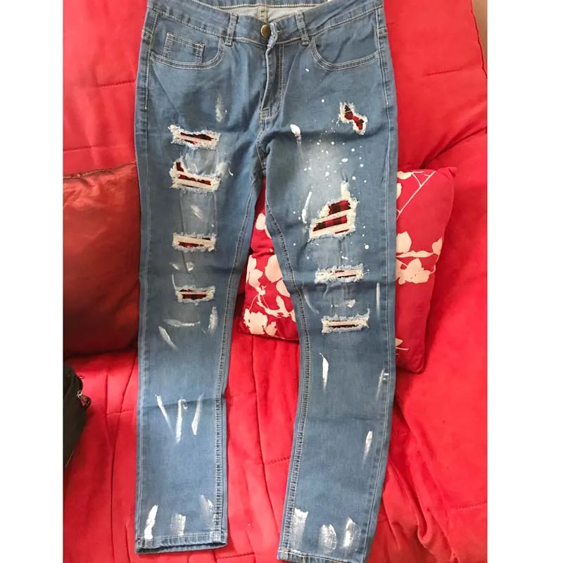 Pantaloni casual da uomo hip-hop strappati Jeans strappati con toppe sottili Pantaloni da jogging in denim con patchwork elastico in vita da uomo