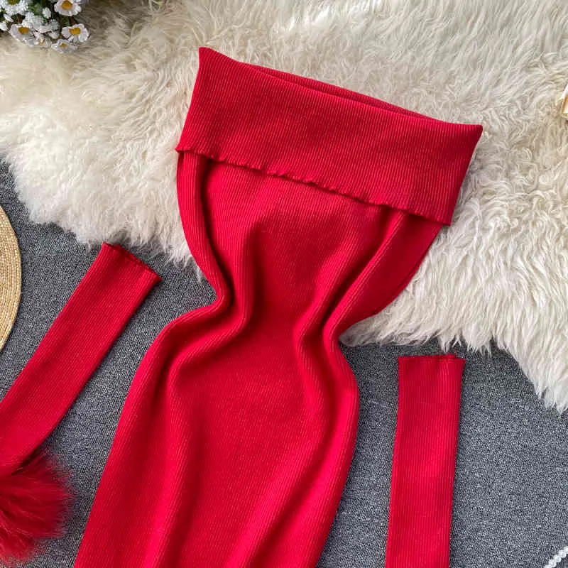 Sexy Off Shoulder Knitted Dress Women Slash Neck Elastic Slim Pencil Dress Autumn Design Plush Sleeves Sweater Dresses 210419