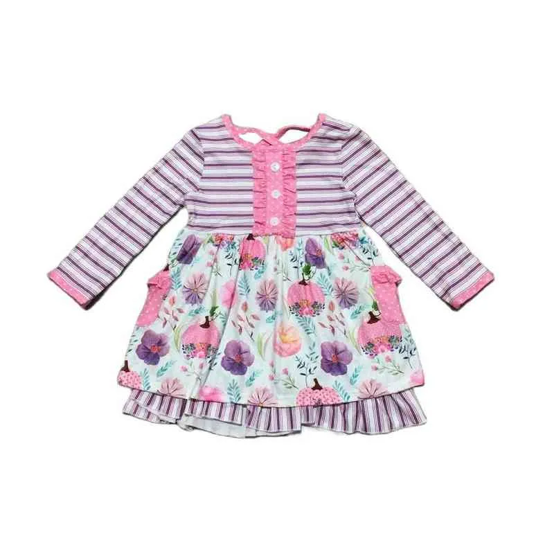 Girlymax Fall Baby Girls Chlidrenキッズ服ミルクシルクパンプキン花柄回転ドレスストライプニーレングス長袖ラッフル211231