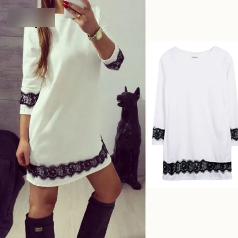 Kayotuas Women Dress Fashion Casual White Lace Ladies Party Manica lunga Girocollo Allentato Mini Short Streetwear 210522