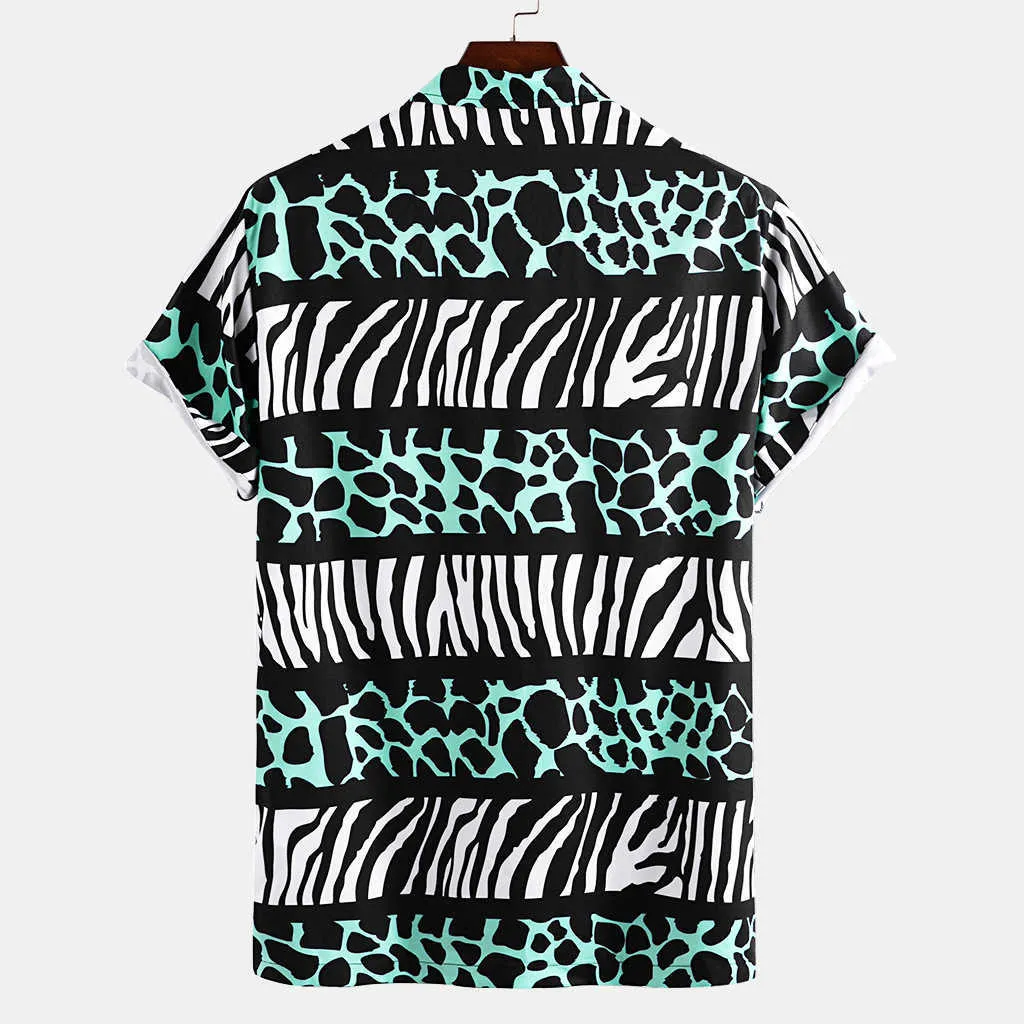قمصان ليوبارد للرجال للشاطئ هاواي غير رسمية للعطلات مرقعة قميص رجالي كبير الحجم وأكمام قصيرة Camisas زيبرا لصق Camisa 210721