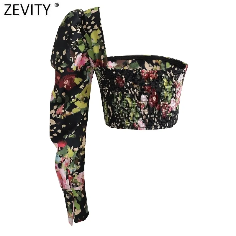 Vrouwen Sexy Single Puff Sleeve Floral Print Slim Blouse Vrouwelijke Back Elastische Korte Shirt Chic Blusas Tops LS9014 210420