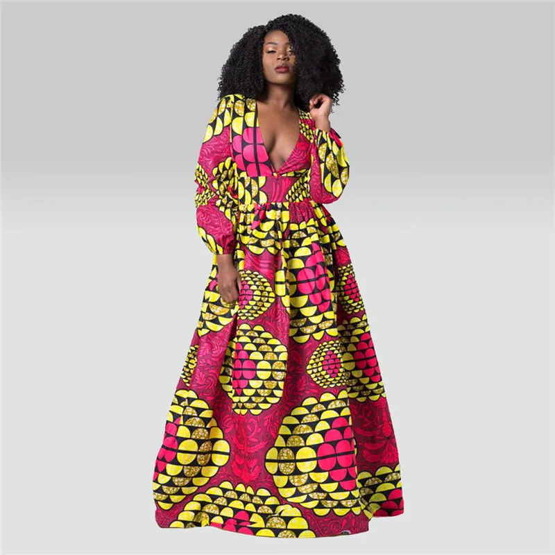 ISAROSE Lady Dashiki Maxi Dresses Spring Autumn Deep V African Bazin Ankara Dress Plus Size Africa Print Sexy Women Party Wear 210422