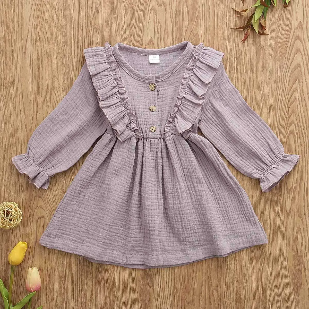 0-5Y enfant en bas âge enfants bébé fille automne robe volants à manches longues solide coton lin fête tenue décontractée vêtements Q0716