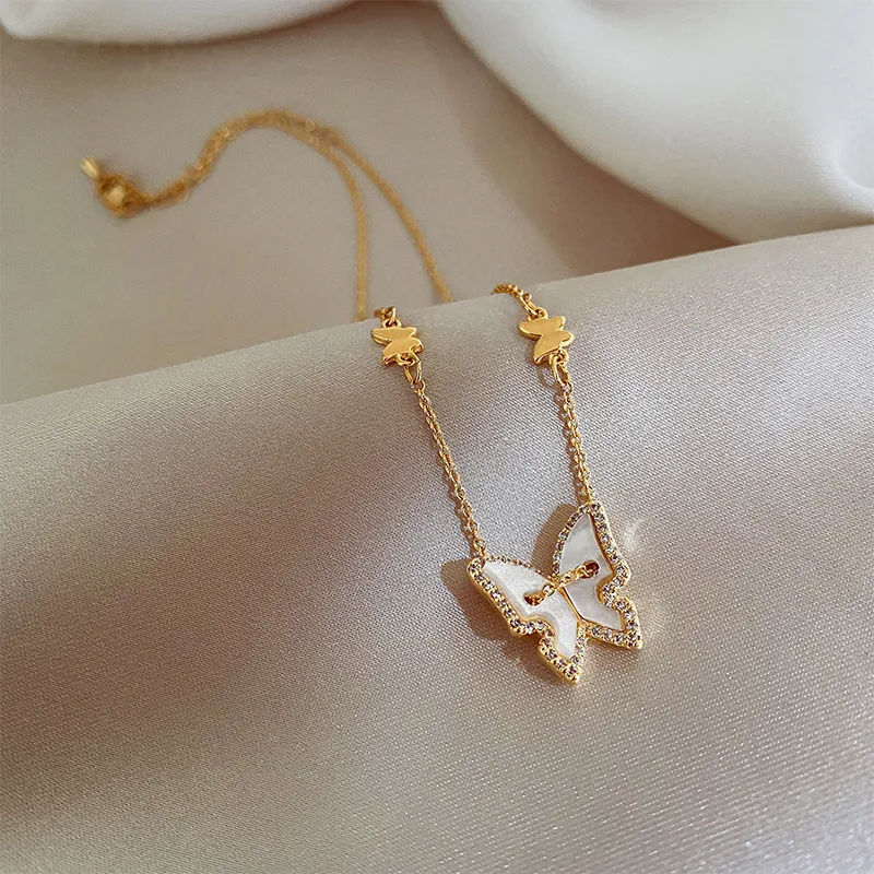 女性用ゴールドカラーチャームクラビクルチェーンネックレスS-N696のためのDainty Sterling Silver Sill Shell Butterfly Necklace