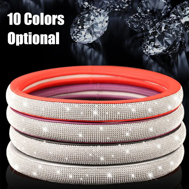 Karcle Shiny Rhinestones Wheel Diamond PU Leather Car Steering Cover 15 Inch Universal Auto Accessories