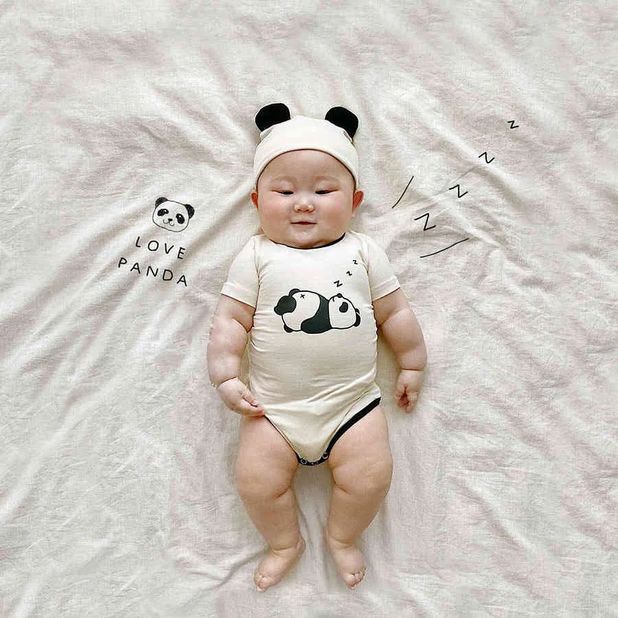 Yenidoğan Bebek Kız Pamuk Panda Baskılı Desen Bodysuit Yaz Yeni Toddler Boy Panda Kuyruk Dekorasyon Bodysuits + Panda Kulak Şapka 210413
