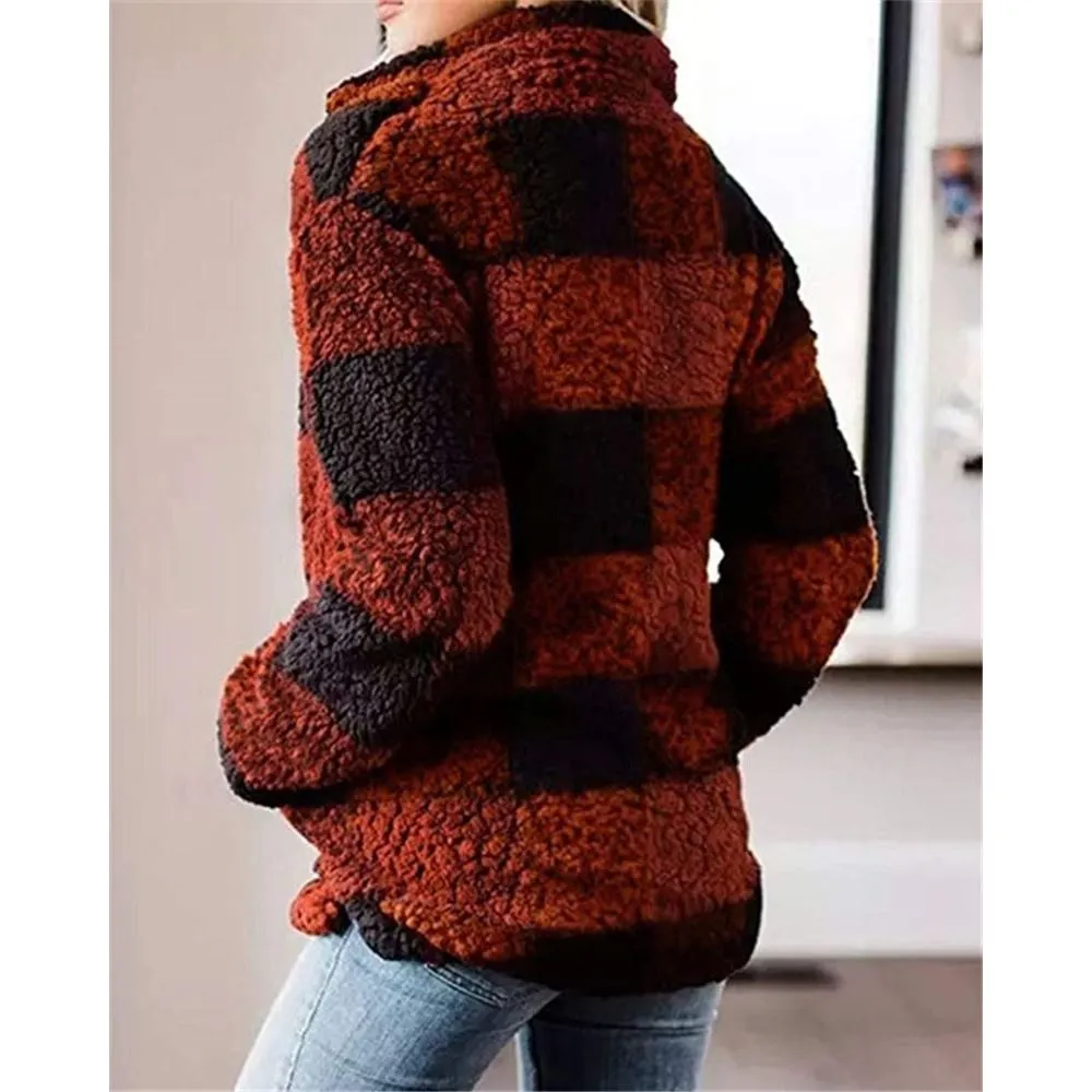 Women Winter Teddy Sweater Teddy Sweater Fluffy Sherpa Fleece Plaid Pullover 1/4 zíper com gola alta do suéter de gola alta.