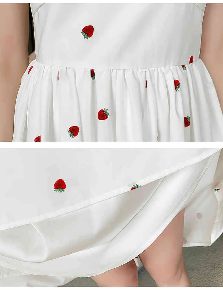 LLZACOOSH Summer Korean Strawberry Print Women Vintage White Square Collar Puff Sleeve Slim Draped A Line Dresses Clothes 210514