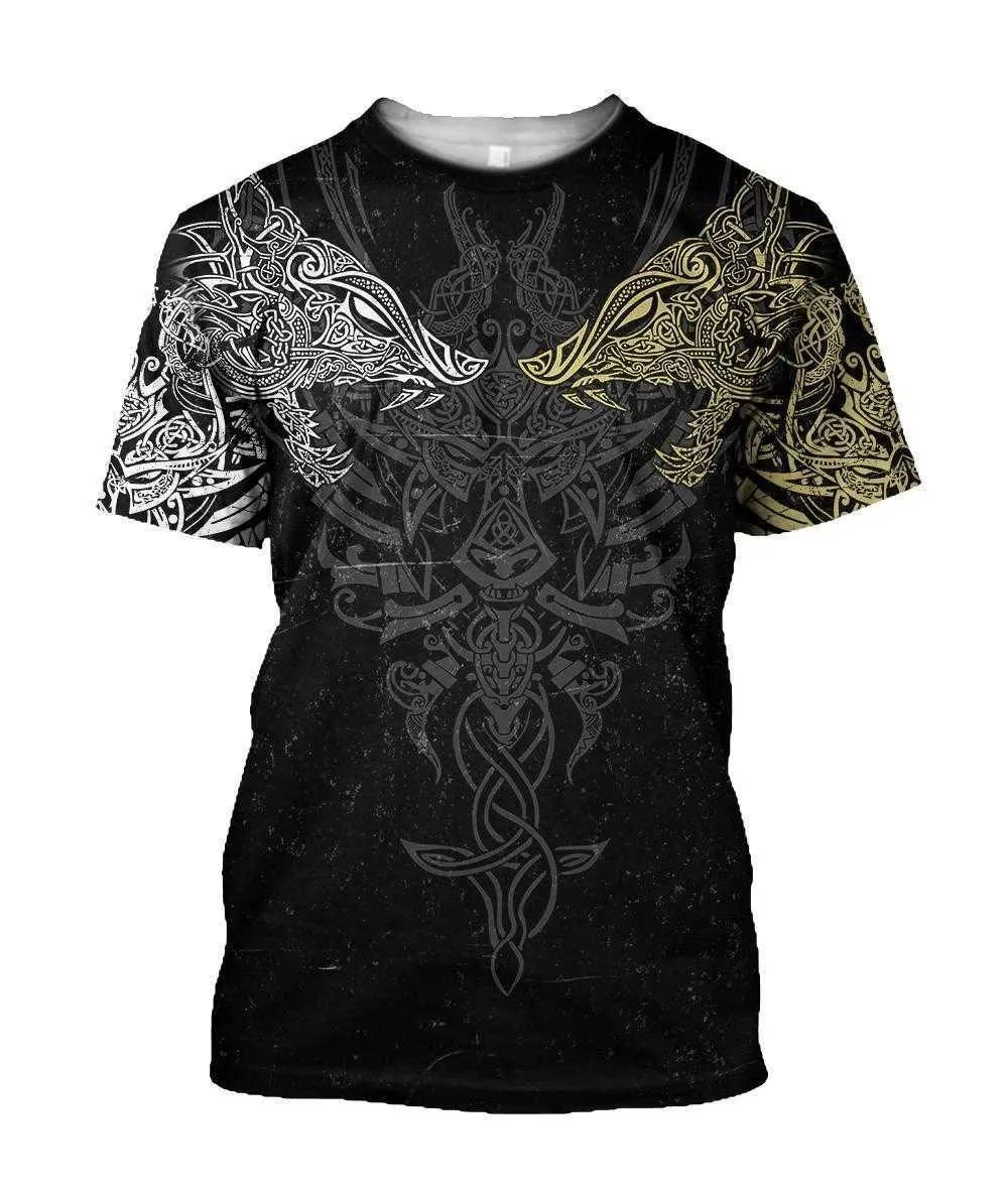 T-shirt dos homens de verão T-shirt Viking Wolf e Dragon Tattoo 3D Impresso Harajuku Casual Manga Curta Tshirt Tops Unisex QDL021 210629