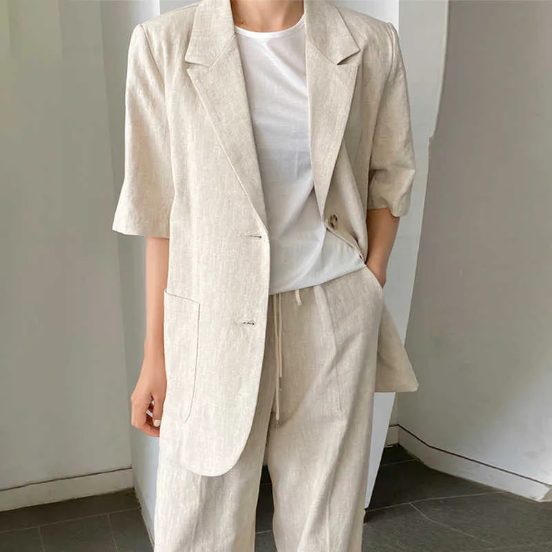 Korejpaa Women Tailored Coat Summer Korean Fashion Temperament Commute Casual Lapel Two-Button Short-Sleeved Suit Jacket 210526
