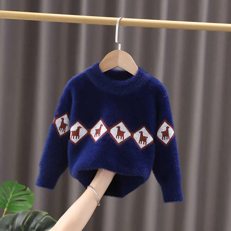 Boys Girls Sweater Knitting Cotton 2021 Scoop Warm Winter Autumn Plus Thicken Velvet Baby Kids Teenagers Children Clothing Y1024