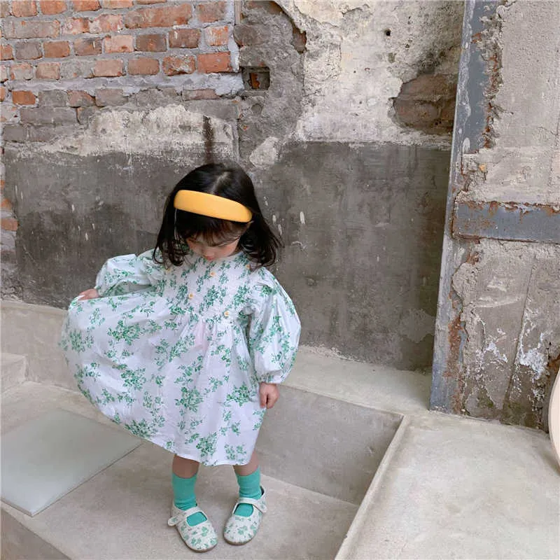 2021 primavera estate bambina abito floreale stile coreano ragazze dolce manica lunga abito da principessa vestiti Q0716