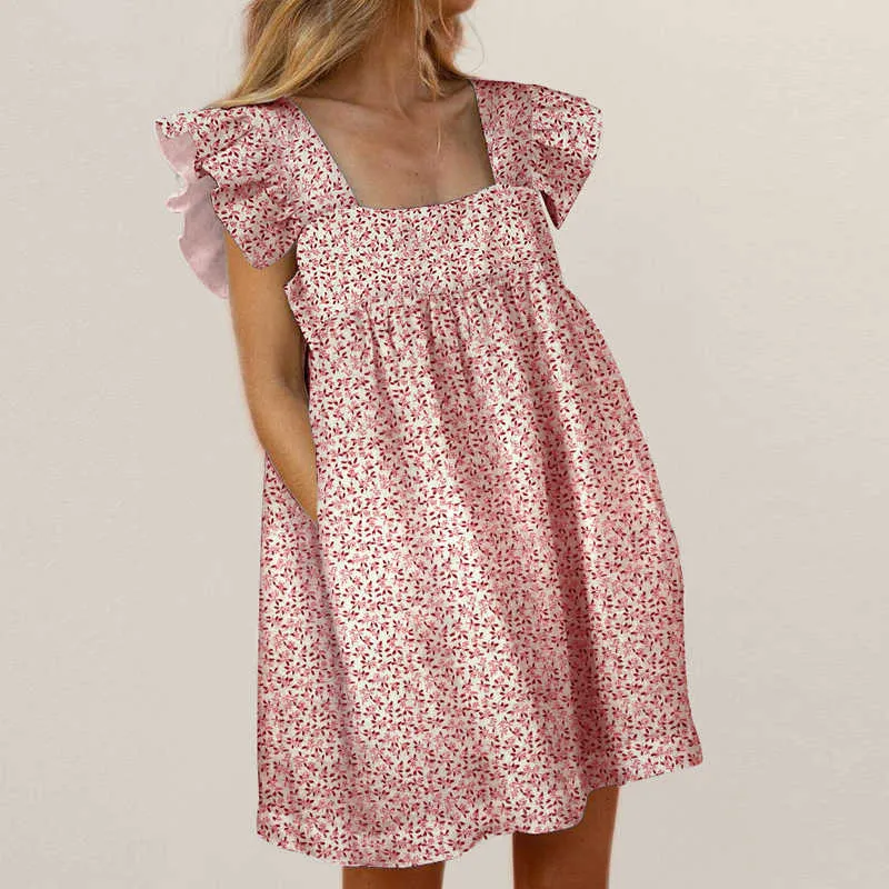 Kvinnor Ruffled Mini Dress Sommar Söt Square Collar Pocket Klänningar Elegant Butterfly Sleeve Beach Party Kvinna Klänningar Vestidos X0629