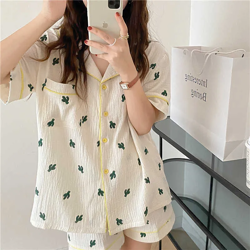 Damasco chique casual impresso plantas homewear mulheres sleepwear pijama ternos de algodão verão todos os conjuntos soltos sets 210525