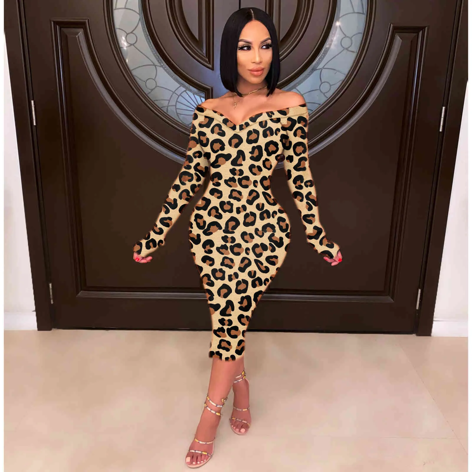 Classic Fashion Leopard Printed Deep V Neck Long Sleeve Sheath Midi Dresses For Women Party And Wedding Gowns Prom Free 210525