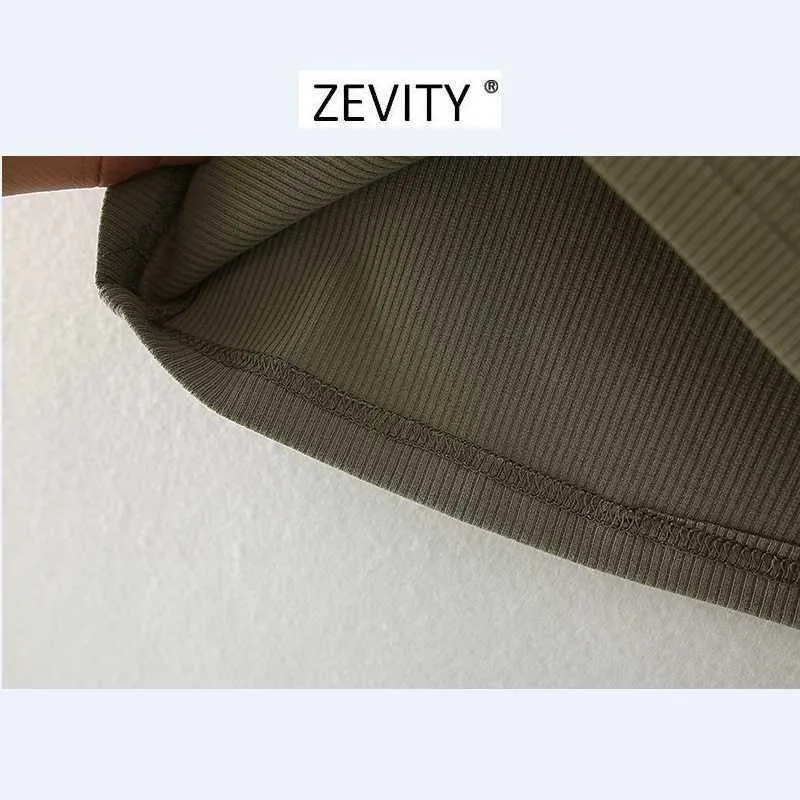 Zevity Women Moda Plisowane Ruffles Pasek Sling Knitting T-shirt Kobiety Chic Podstawowe Krótkie Casual Slim Tops Lady Odzież T687 210603