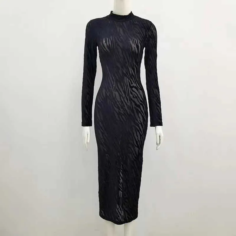 女性のセクシーなデザイナー透明な長袖の黒い夏の女性Midi Celebrityボディコンパーティードレスvestido 210527