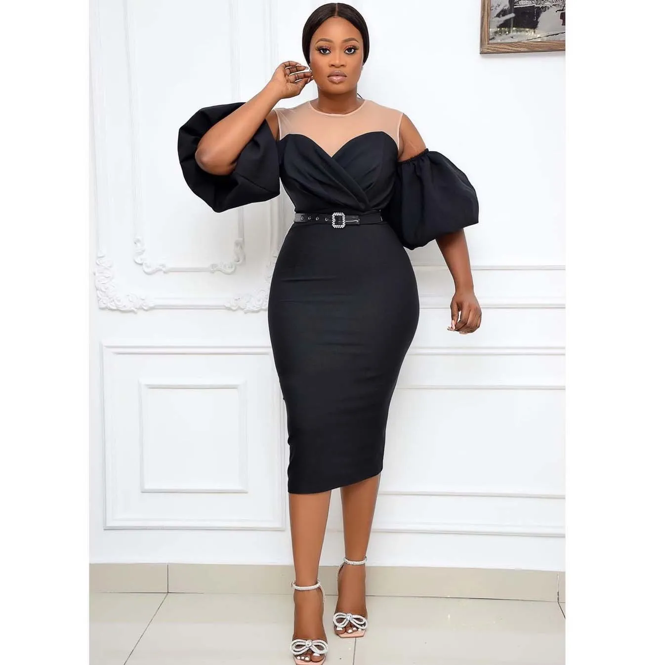 Women Summer Dress Black Sexy Bodycon Dress Puff Sleeves African Woman Plus Size Elegant Prom Wedding Evening Party Dress 210422