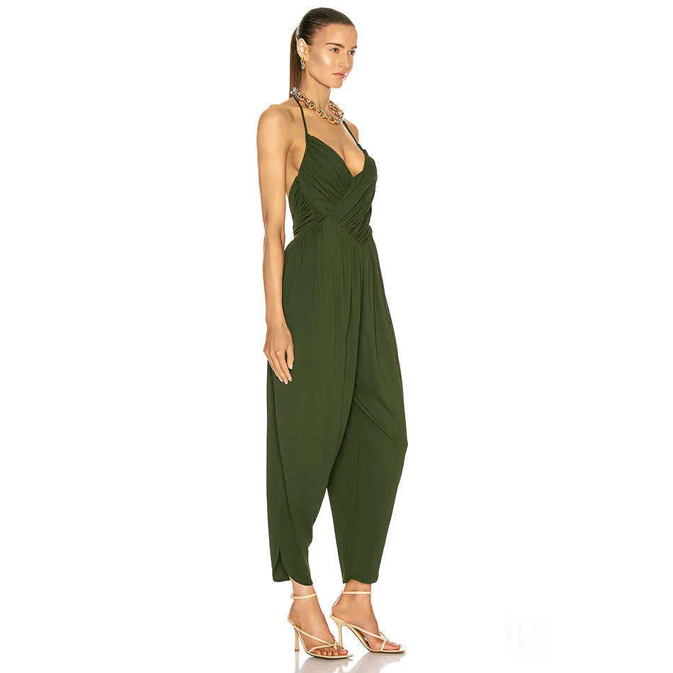 Zomer vrouwen leger groene sexy mouwloze halter v-hals geplooide beroemdheid partij jumpsuit 210527