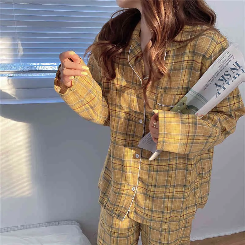 Plaid Homewear Plus Storlek All Match Casual Sale Geometric Loose Pyjamas Set Nightwear Två Pieace Passar 210525