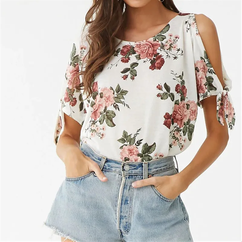 Summer Casual T Shirt Women Sexy Off Shoulder Floral Print Elegant Short Sleeves unic Bow ops ees Camisas Mujer 210515