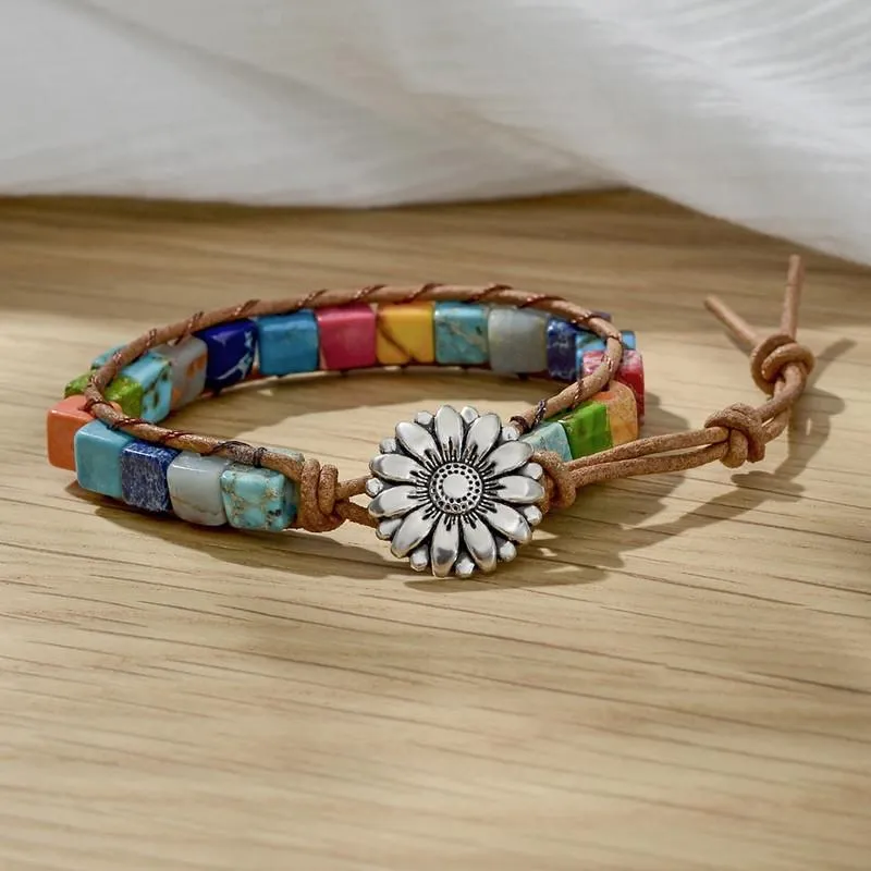 Braccialetti in pelle di pietra naturale Braccialetti in perline Fatto a mano 7 Chakra uomini Donne Flower Tree of Life Healing Yoga Bracciale Bracciale Bangle209R