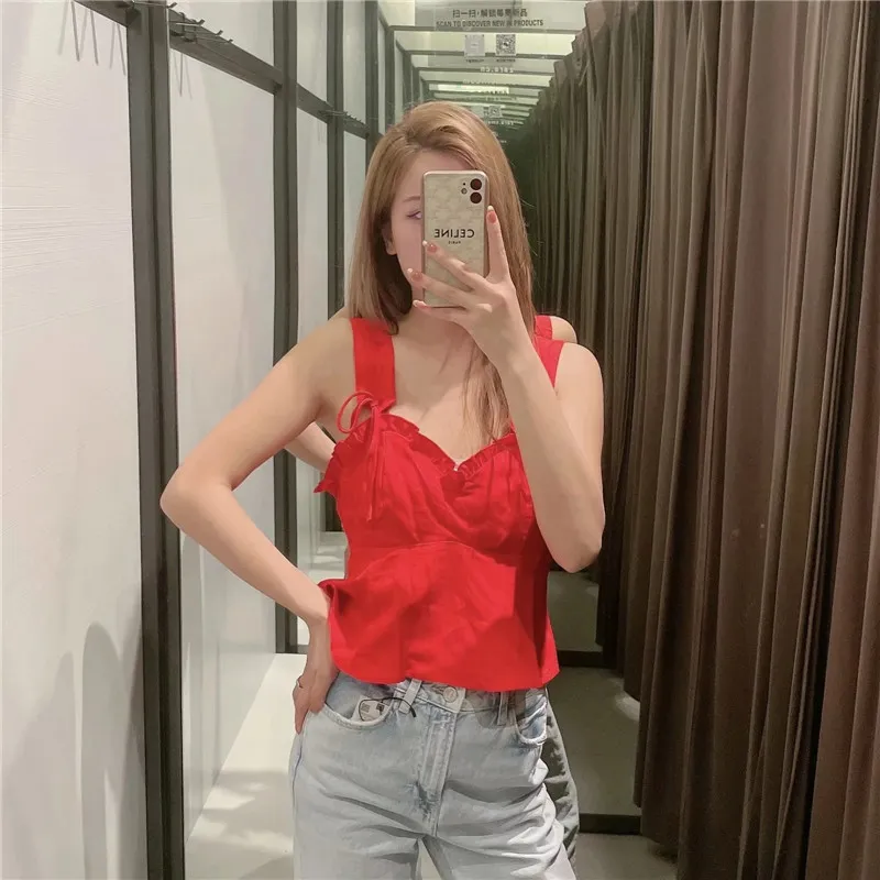 Top Woman Summer Red Bow Strappy Crop Women Fashion Adjustable Straps Ruffle Sleeveless Corset Tanks Camis 210519