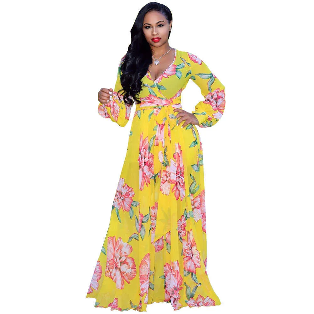 Grande taille été femmes longue Maxi robe col en v imprimé boîte de nuit fête plage Sexy élégant rue ceintures robes Vestidos GL8214 210706